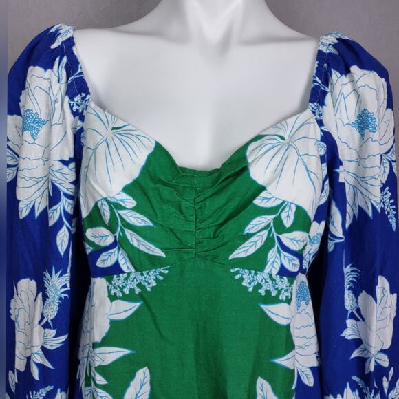 Farm Rio Soft Garden Linen-Blend Minidress Size Large Puff Sleeve Vacation - Picture 11 of 16